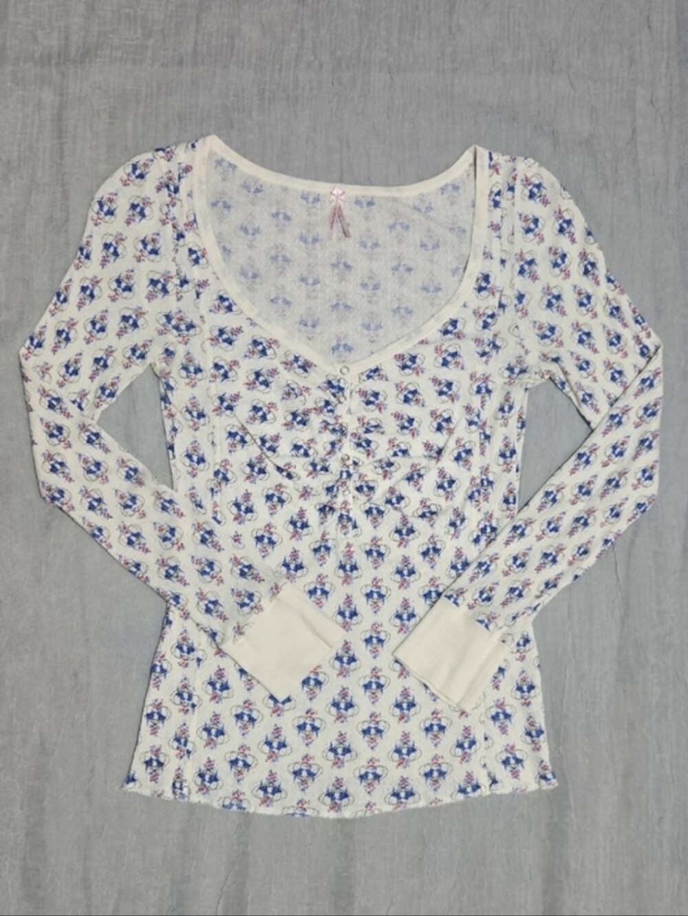 Free People Cream Long-Sleeve Scoop Neck Floral Henley